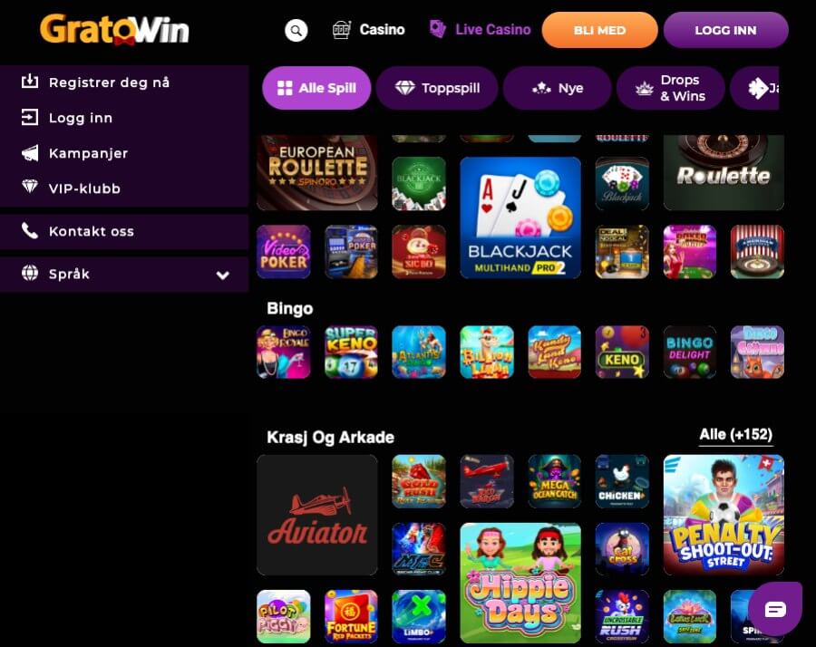 Gratowin har et mobilcasino via nettleseren