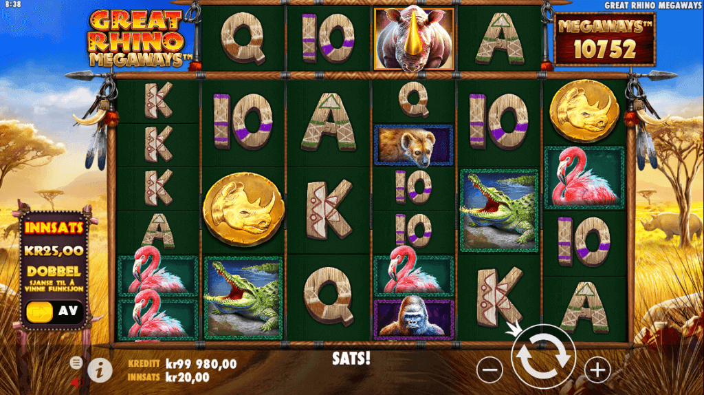Great Rhino Megaways™ er en spilleautomat som kan spilles gratis hos nettcasinoer