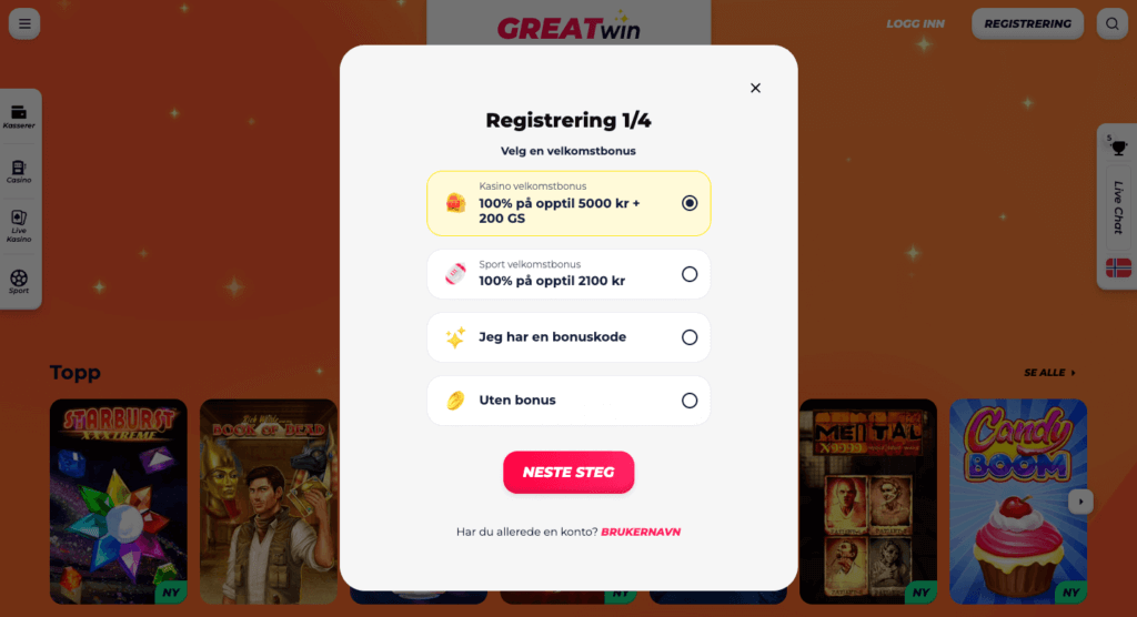 GreatWin registrering av en spillekonto