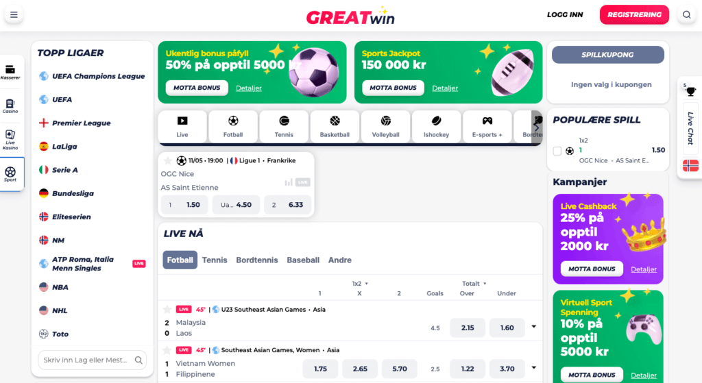 GreatWin sportsbook med odds på sport og liveodds