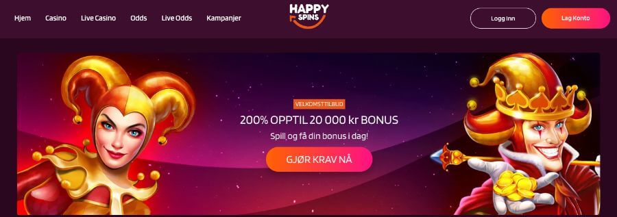 HappySpins forside med en eksklusiv bonus gjennom NorgeKasino