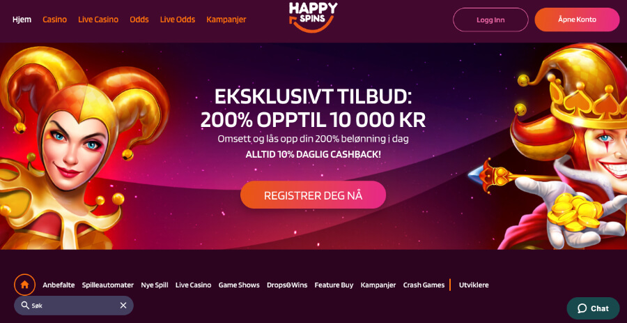 Kryptocasinoet HappySpins har en enkel og flott nettside