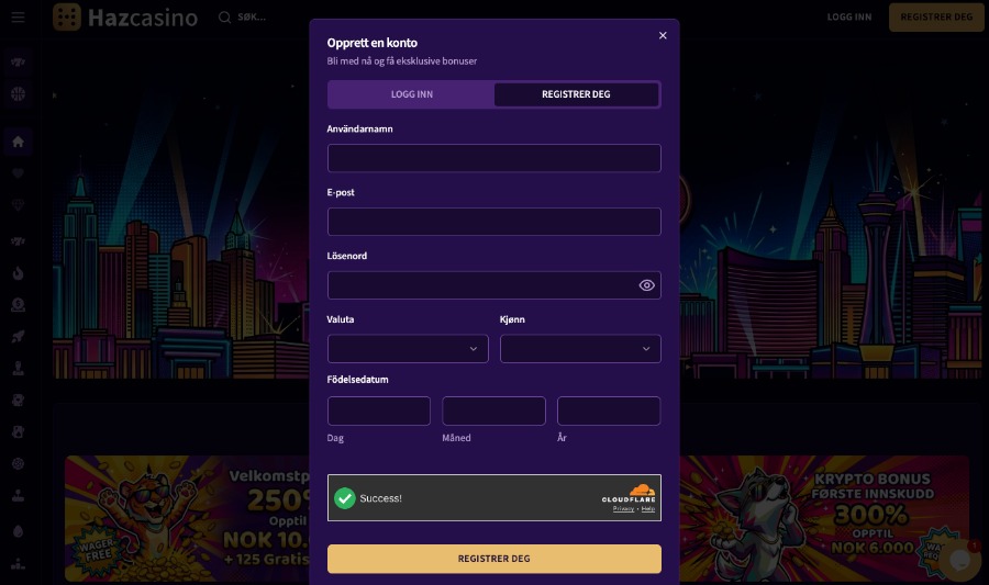 Haz Casino registreringsprosess