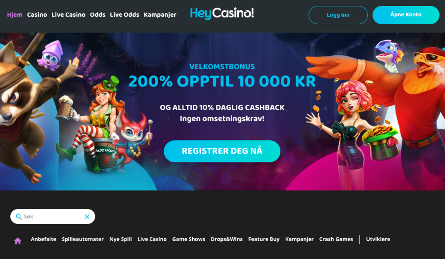 Forsiden til kryptocasinoet HeyCasino er oversiktlig og enkel