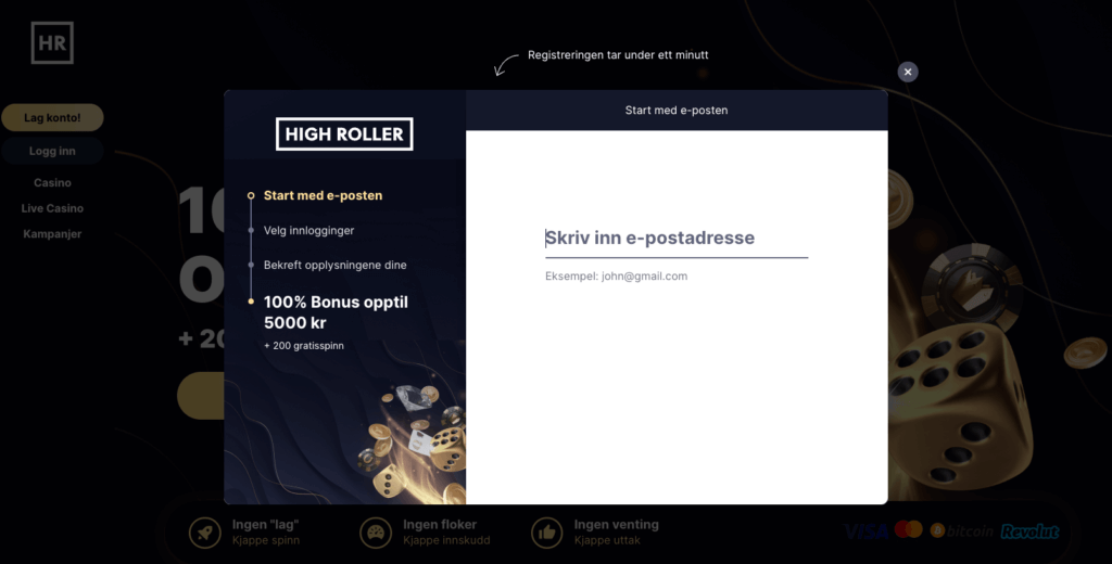 Registrering av en spillekonto hos Highroller