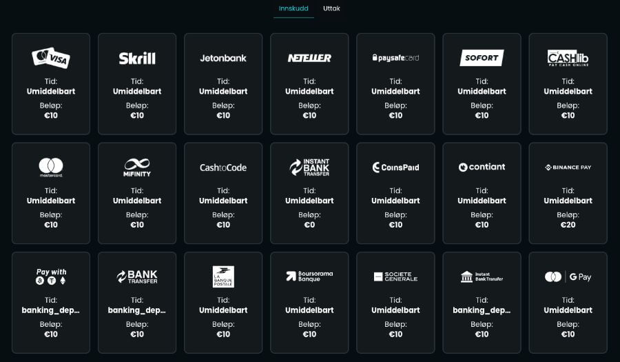 En oversikt over noen av de tilgjengelige betalingsmetodene hos HugoBets