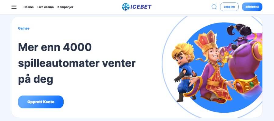 Forsiden til kryptocasinoet IceBet er oversiktlig og brukervennlig