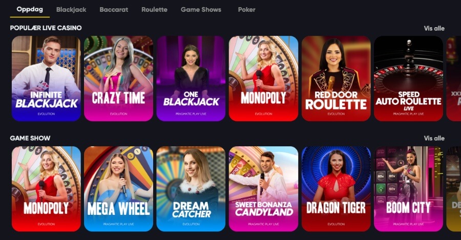 Instant Casino har et live casino med flere bordspill og game show-spill