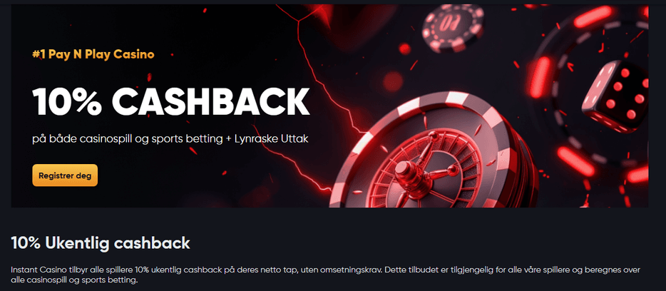 10 % cashback på Instant Casino