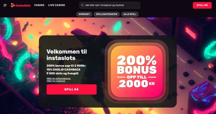 Forsiden til kryptocasinoet Instaslots