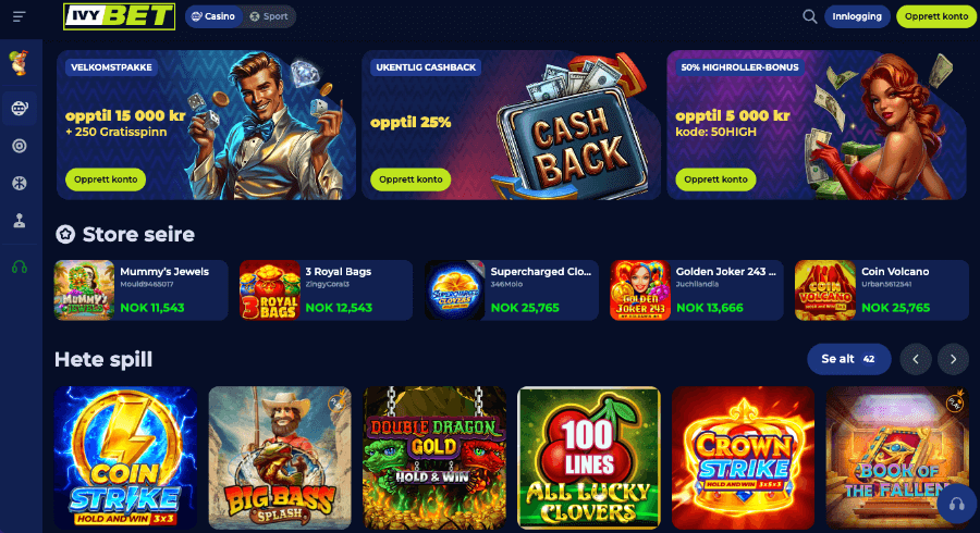 Ivybet forside med bonus