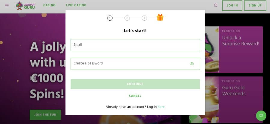Registreringen av en spillekonto hos Jackpot Guru er rask og enkel