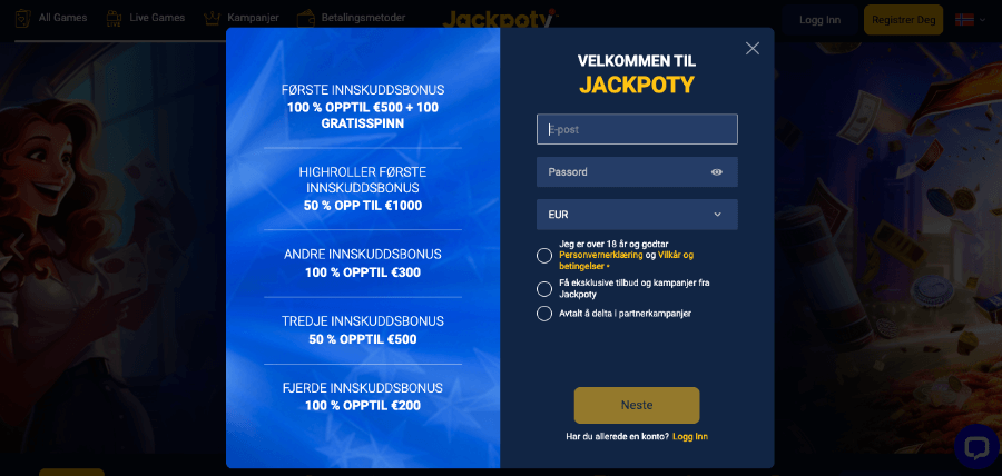 Det er en enkel og rask registrering av en spillekonto hos kryptocasinoet Jackpoty