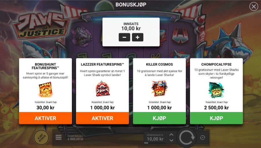 Kjøp av funksjoner og bonuser på spilleautomaten Jaws of Justice