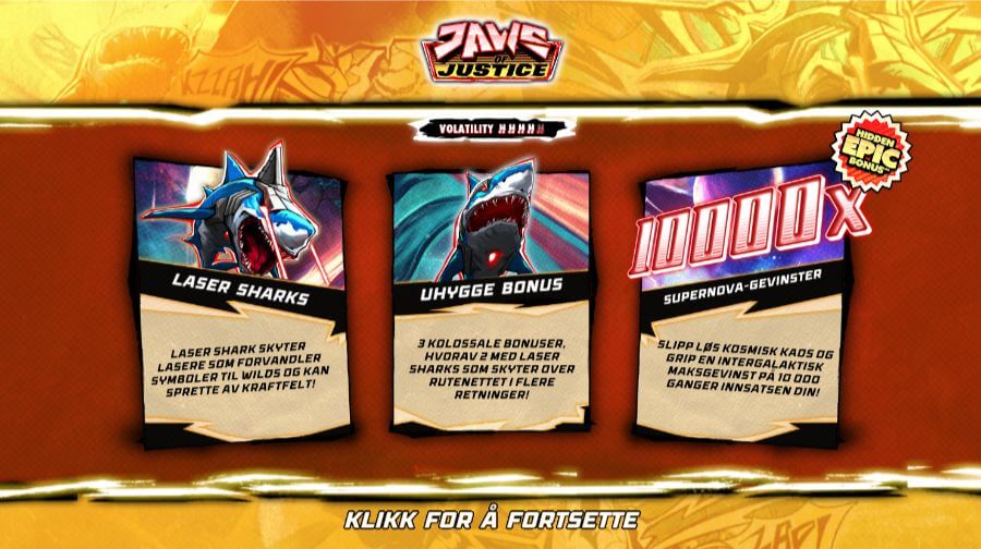 Introbilde på spilleautomaten Jaws of Justice fra Hacksaw Gaming