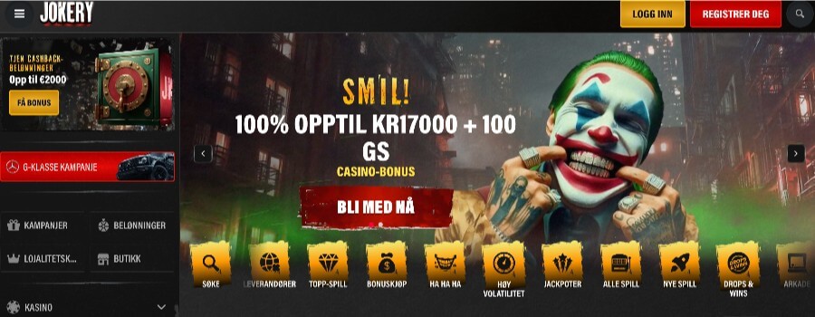 Forside og bonus hos casinoet Jokery