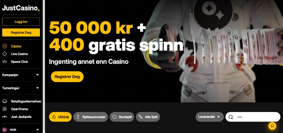 Just Casino forside med ny forbedret velkomstbonus