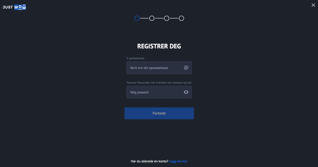 Registrering av en spillekonto hos JustWOW