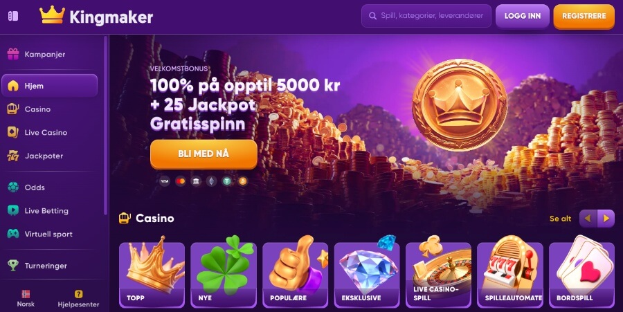 Kryptocasinoet Kingmaker har et fargerikt lilla design