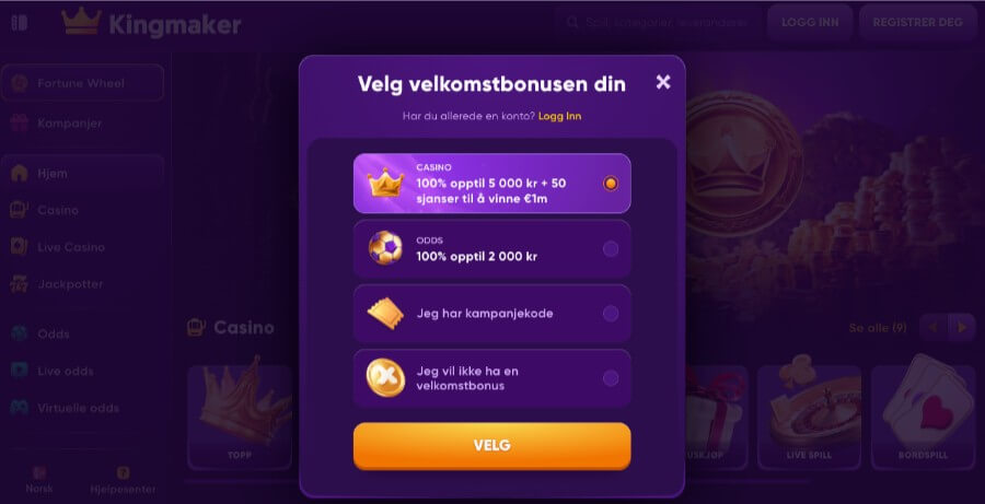 Registrering av en spillekonto hos Kingmaker