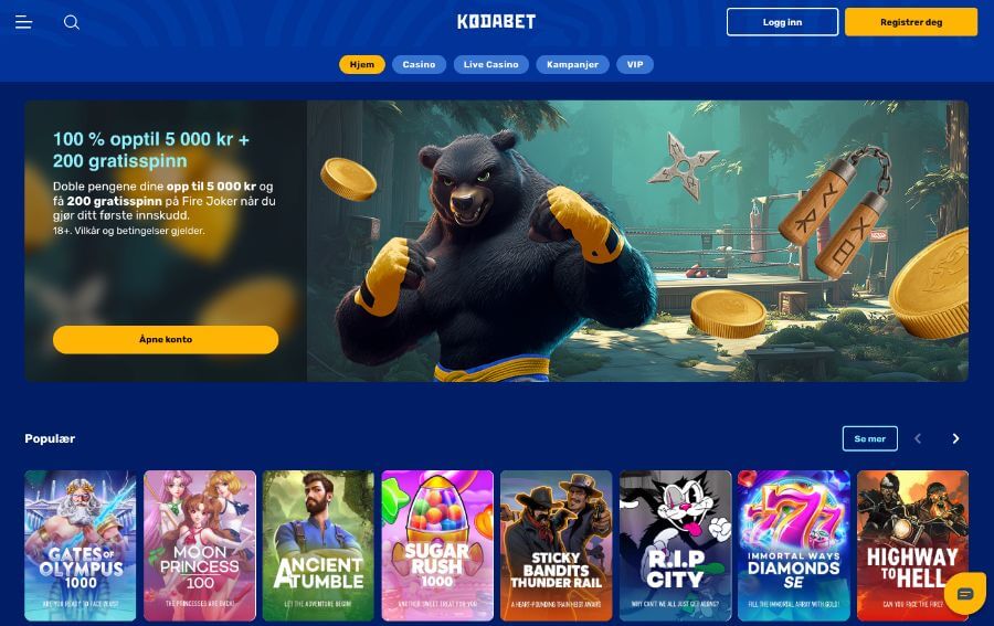 Kodabet forside og bonus