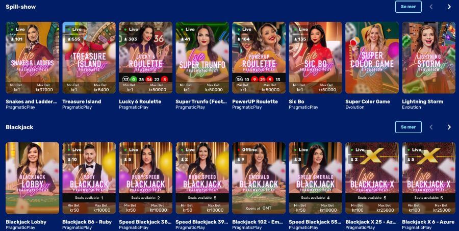 Kodabet har et live casino med klassiske bordspill og live game show-spill
