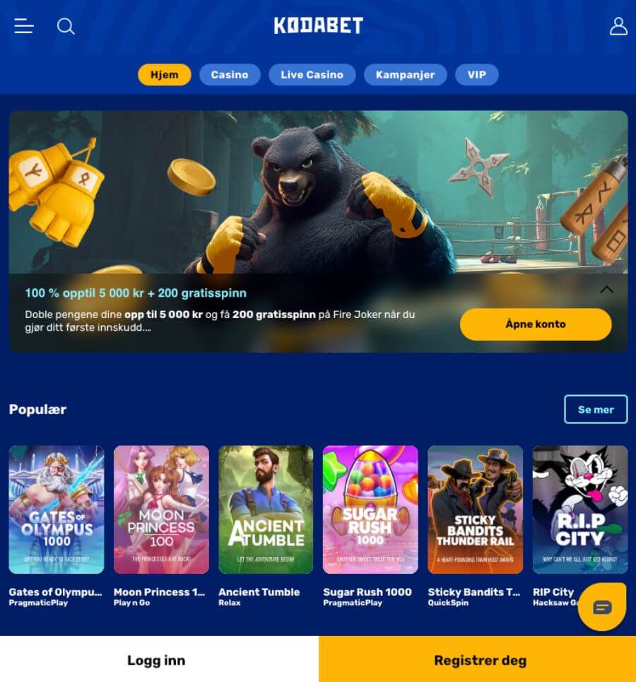 Kodabet har et mobilvennlig casino