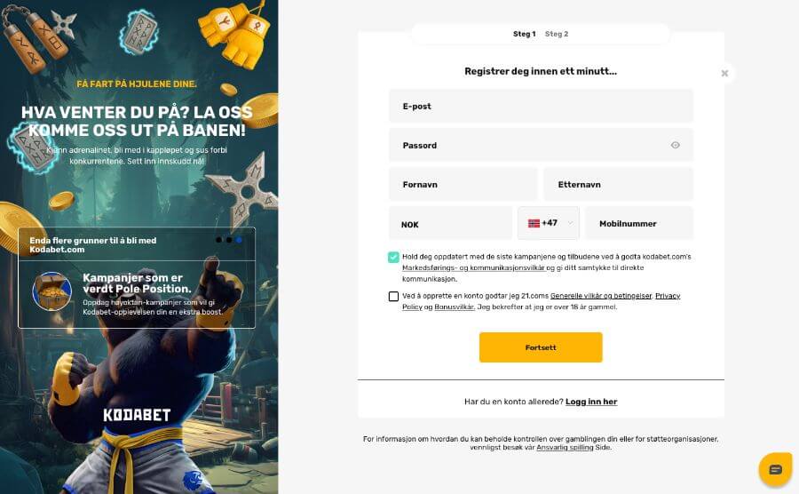 Registrering hos nettcasinoet Kodabet