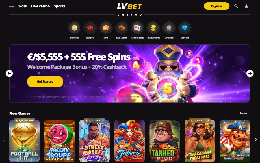 LV Bet Casino forside med bonus