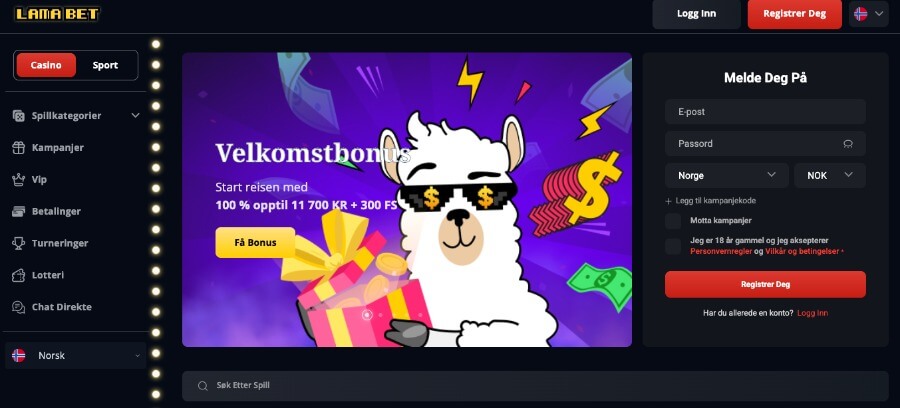 Lama bet forside med bonus