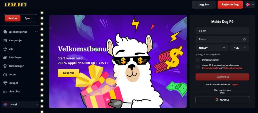 Lama bet har en norsk forside og en stor velkomstbonus