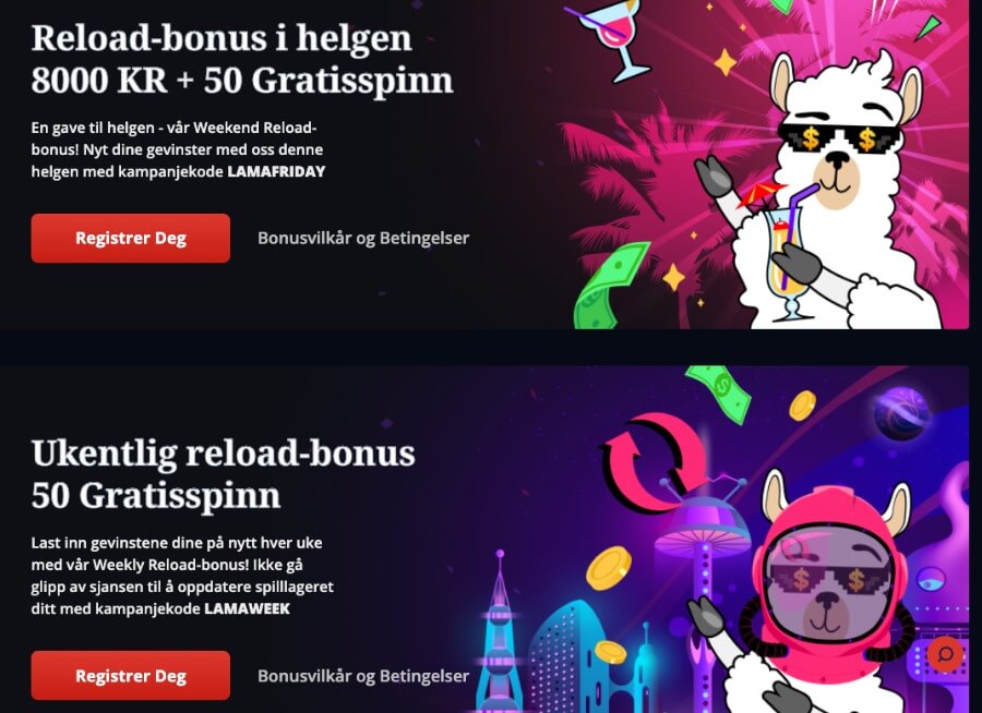 Lama bet kampanjeside med tilbud