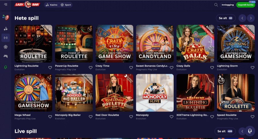 Lazybar har et live casino med klassiske bordspill og live game show-spill