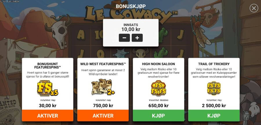 Bonus buy-funksjon på spilleautomaten Le Cowboy