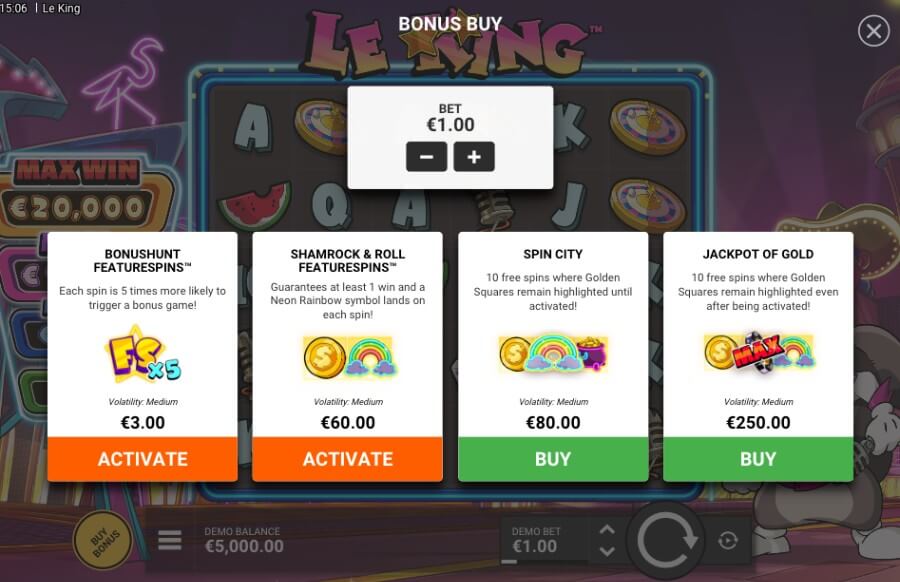 Spilleautomaten Le King har en bonus buy funksjon med to bonusspill og andre funksjonskjøp