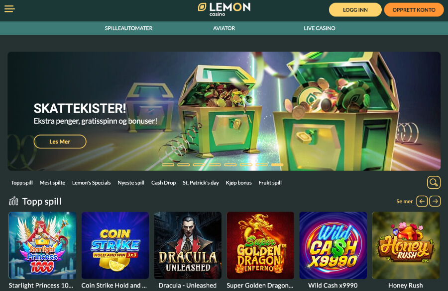 Lemon Casino har en forside med enkelt design og god navigering