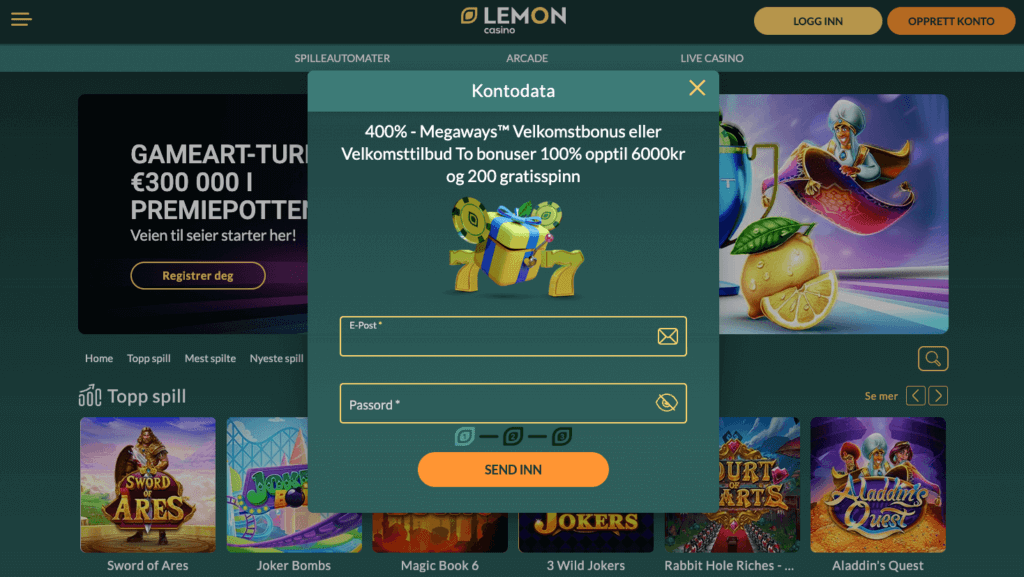 Registrering av en spillekonto hos Lemon Casino