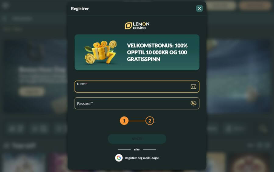 Registrering av en spillekonto hos Lemon Casino