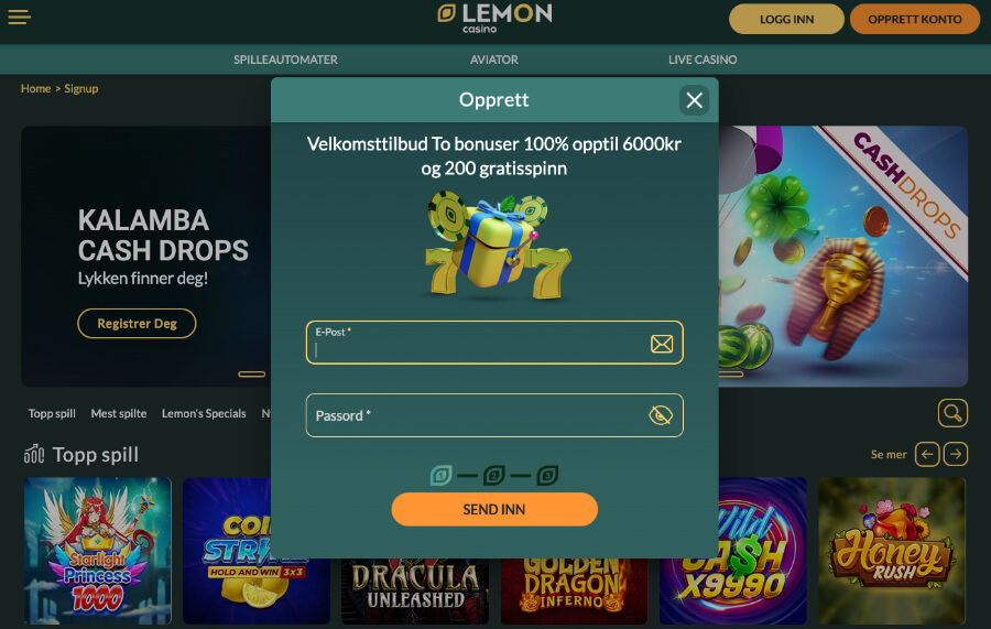 Det er enkelt å registrere en spillekonto hos kryptocasinoet Lemon Casino