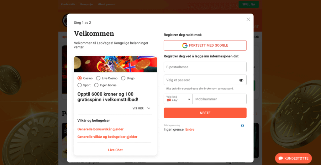 Registrering av en spillekonto hos LeoVegas