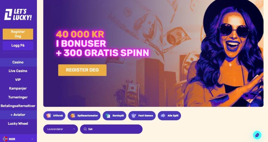 Forsiden til kryptocasinoet Let'sLucky