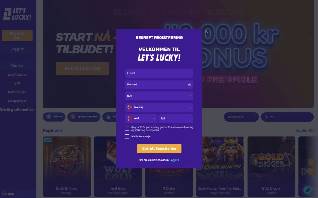 Registrering hos kryptocasinoet LetsLucky