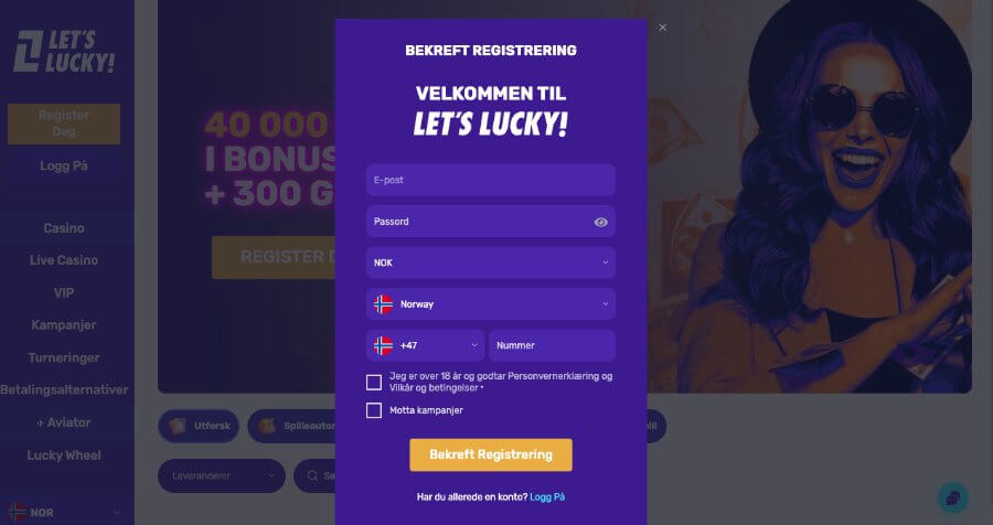 Registrering av en spillekonto hos Let'sLucky