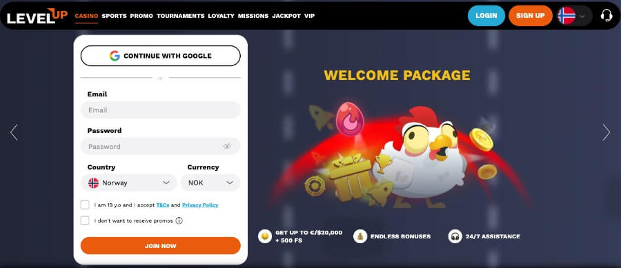 Level Up Casino forside med bonus