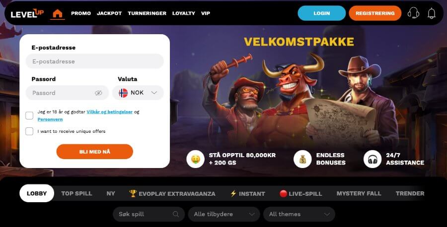 Forsiden til kryptocasinoet Level Up Casino