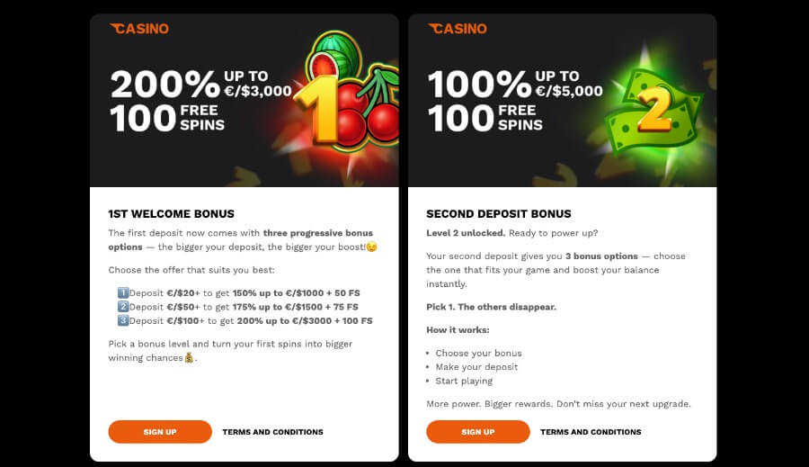 Level Up Casino kampanjeside med tilbud
