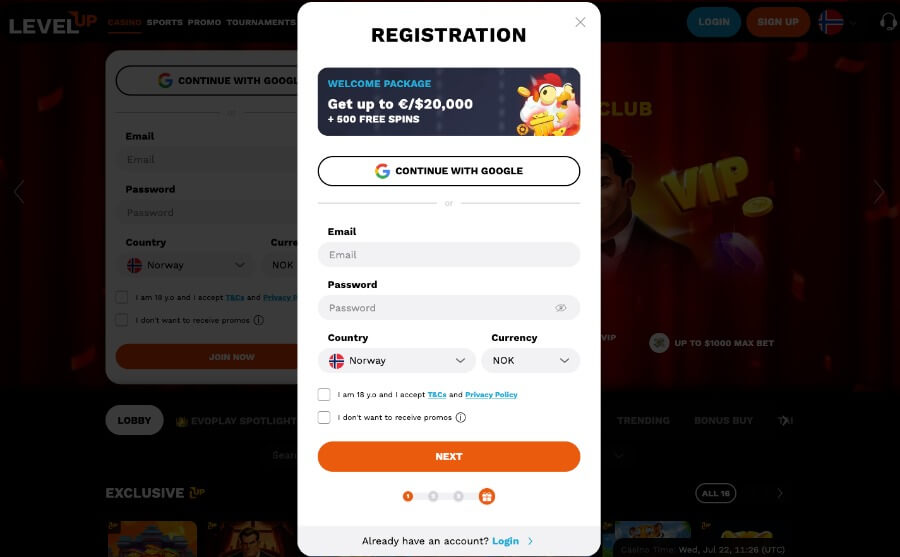 Level Up Casino registreringsprosess