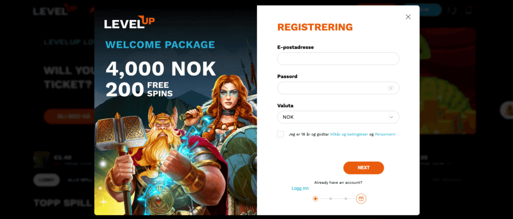 Registrering hos kryptocasinoet Level Up