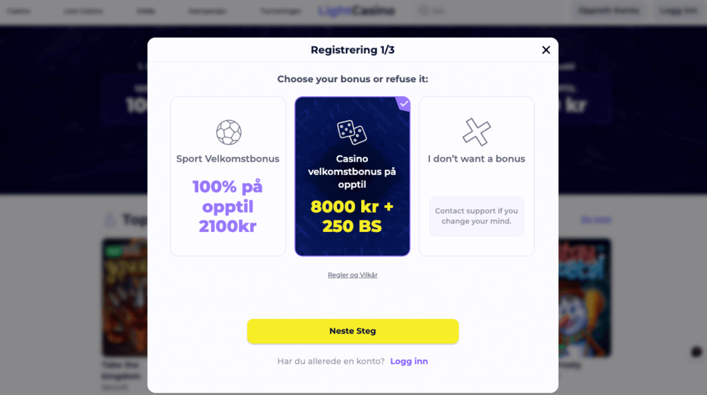 LightCasino registrering