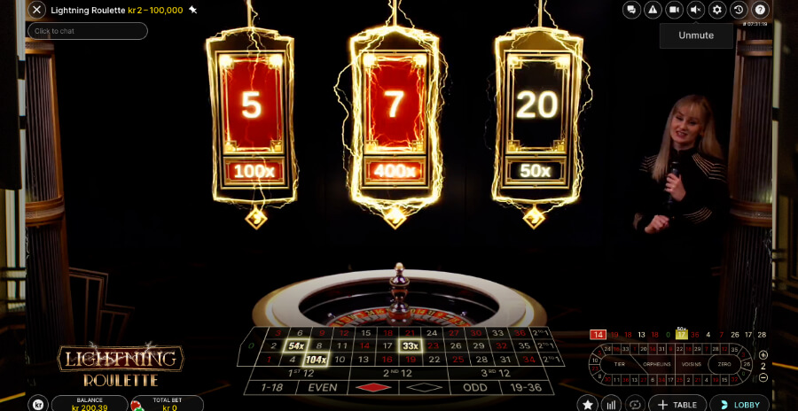 I en spillrunde på Lightning Roulette kan flere tall bli truffet av lynet med en multiplikator